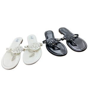 2 Pairs Katliu Womens Size 8.5 Black White Faux Leather Thong Sandals Shoes